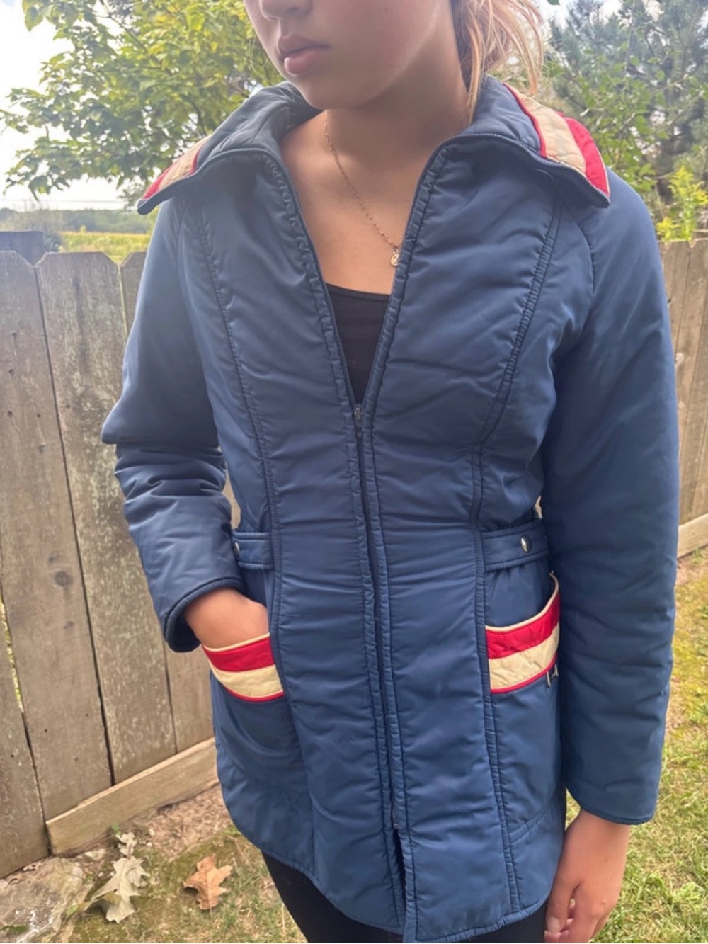 Vintage Fox Point Ski Jacket XS Navy Retro Puffer Coat Red Stripe Winter